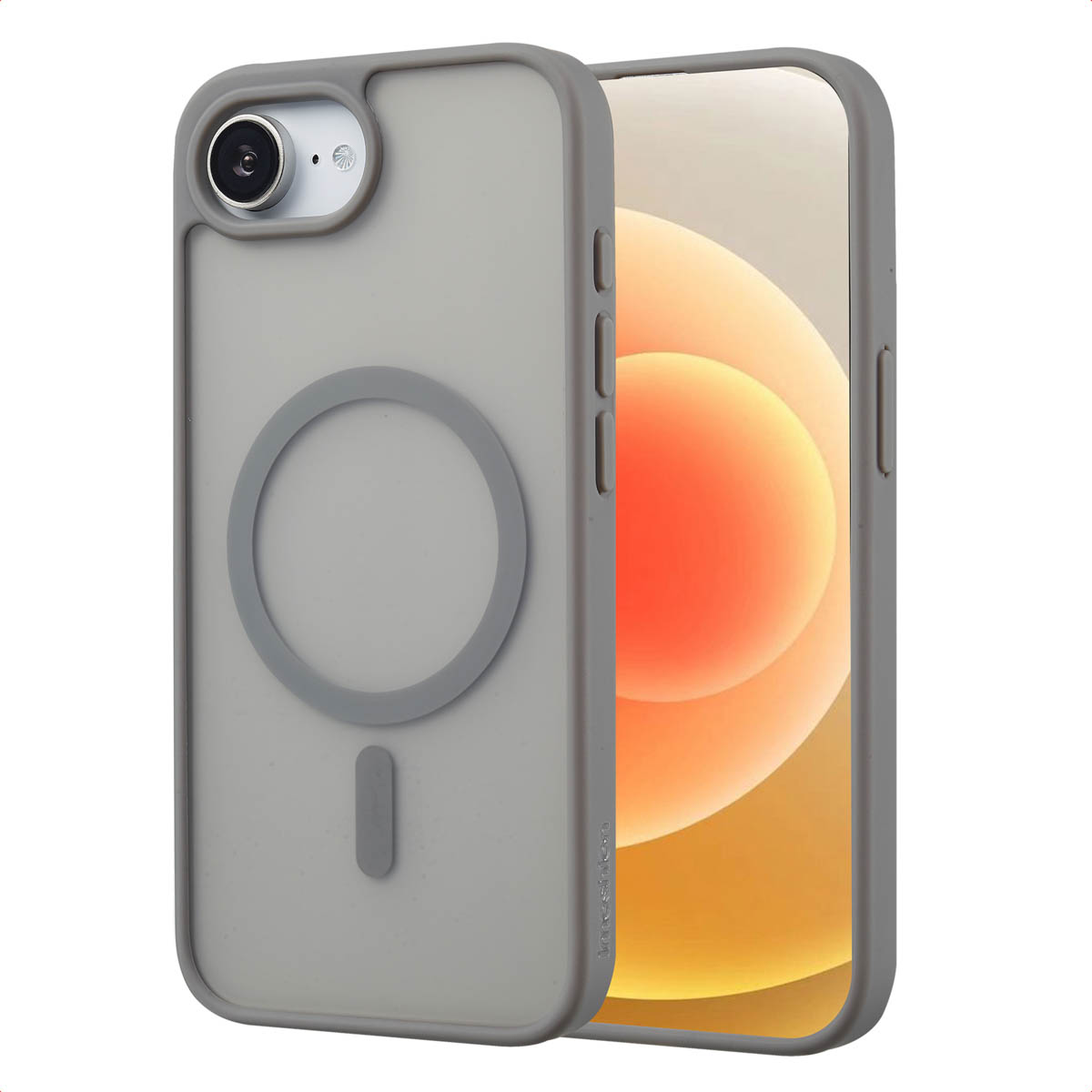 Grijze telefoonhoes met MagSafe-ring, iPhone met geel display.