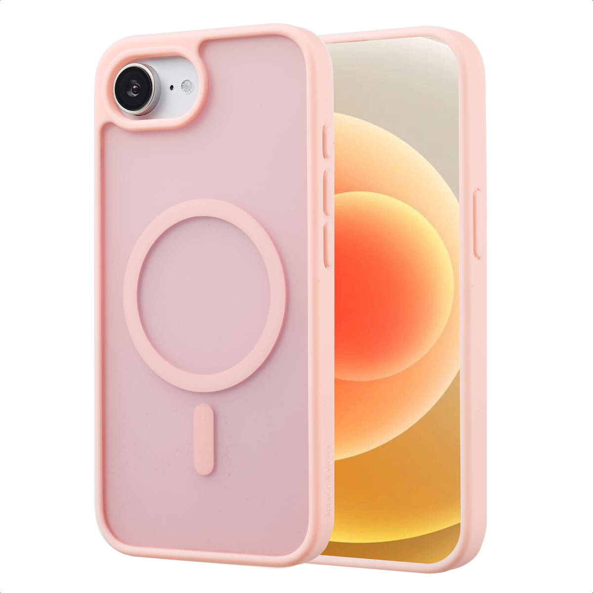 Een roze telefoonhoesje wordt weergegeven en toont een deel van het telefoonscherm. De case heeft een cirkelvormig ontwerp.