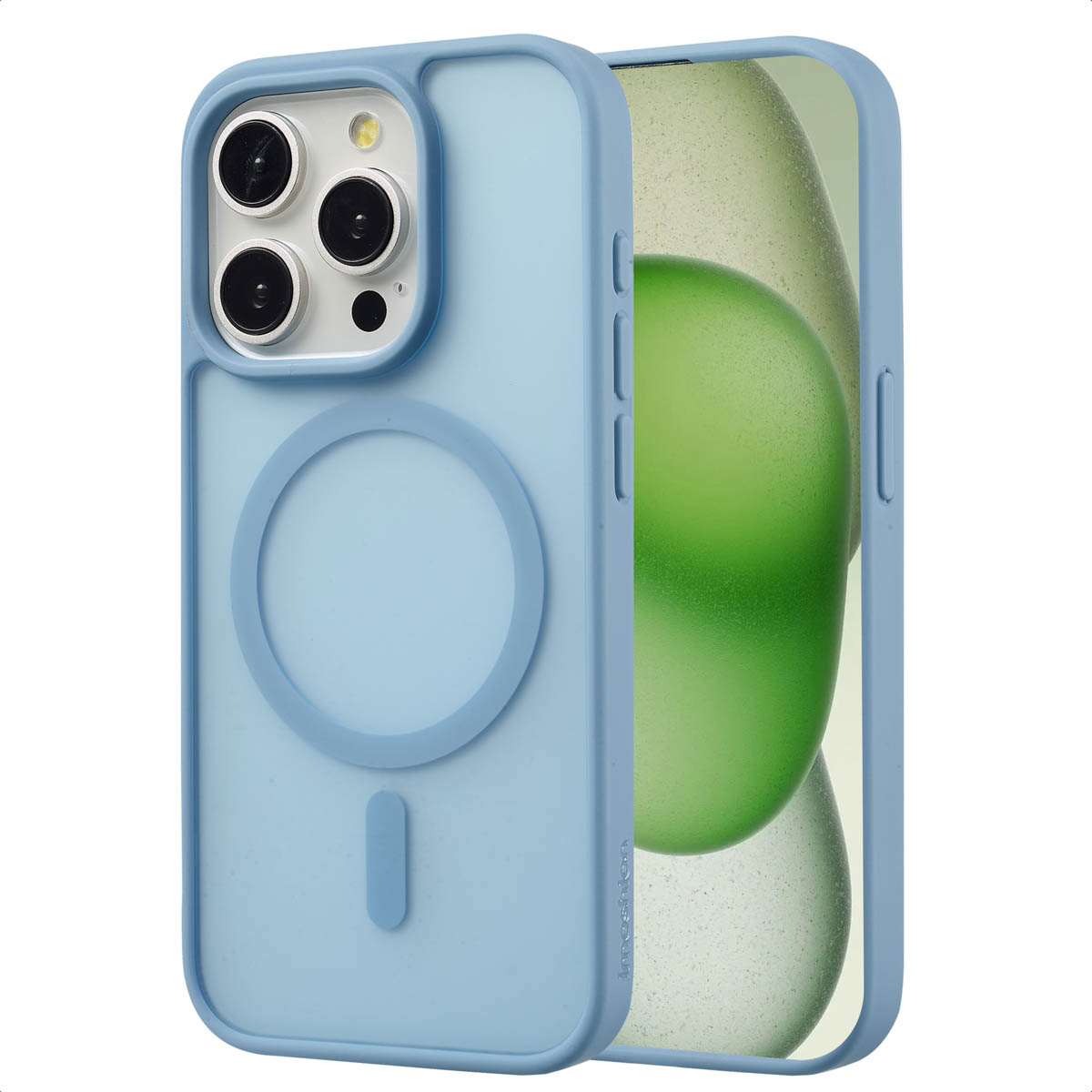 Lichtblauwe telefoonhoes met telefoon erin, camera en een lichtblauwe MagSafe ring.