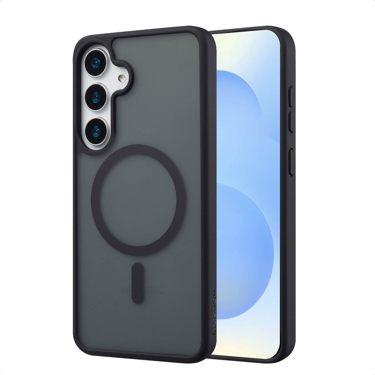 Telefono in una custodia con cornice nera e interno grigio. Lo schermo del telefono è visibile.