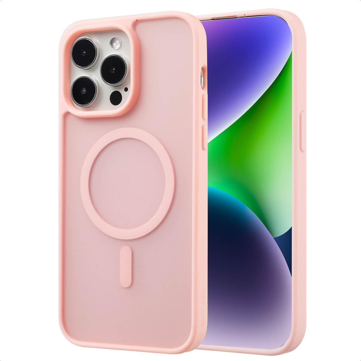 Coque de téléphone rose avec un téléphone affichant un dégradé vert. L'étui a un design circulaire.