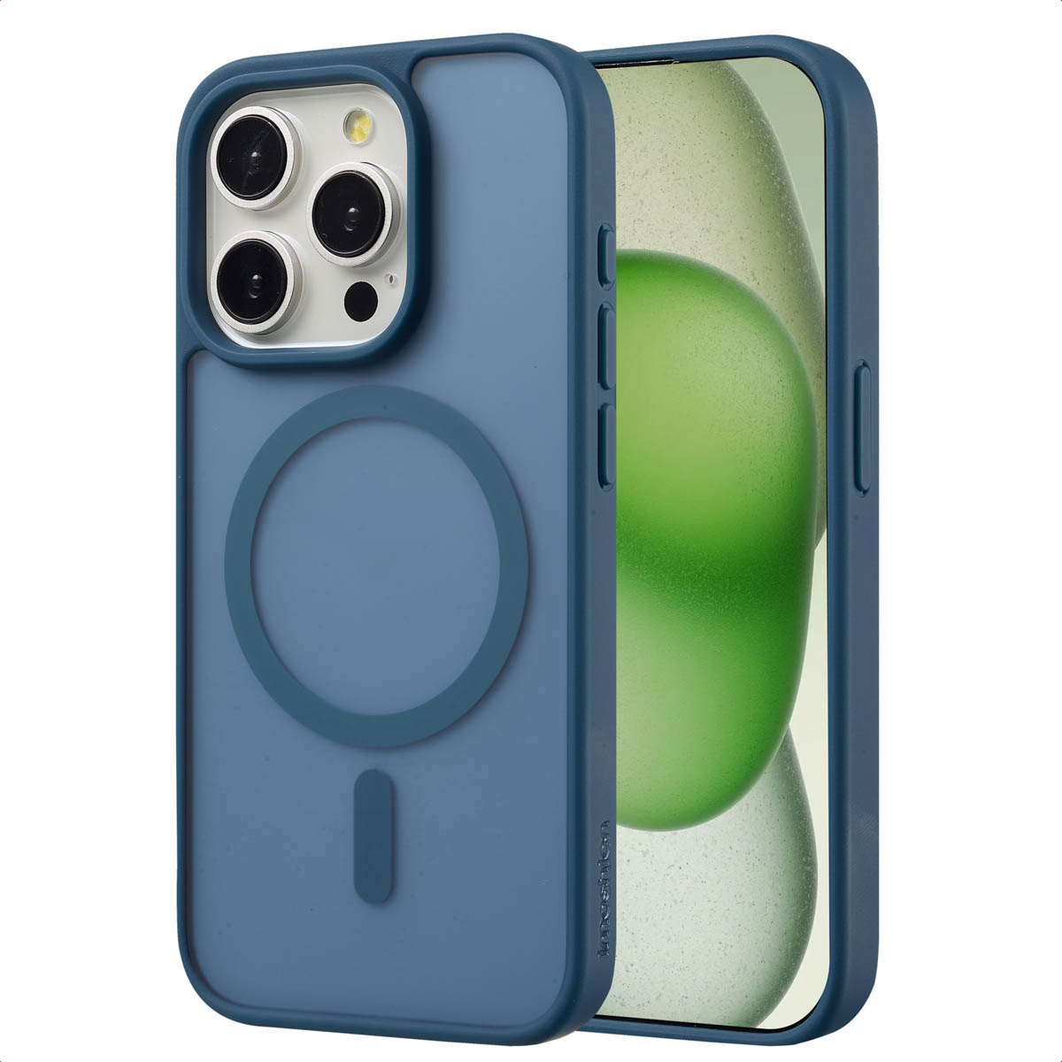 Blauw telefoonhoesje met een blauwe telefoon. Toont de camera en magnetische ring, witte achtergrond.