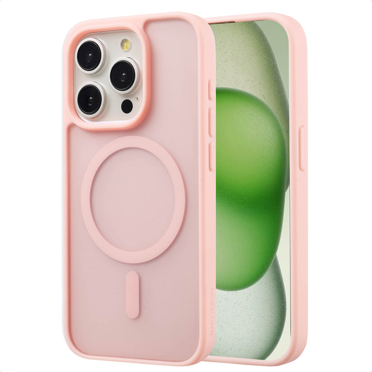 Roze telefoonhoes met MagSafe ring op telefoon met drie camera's, op een oppervlak.