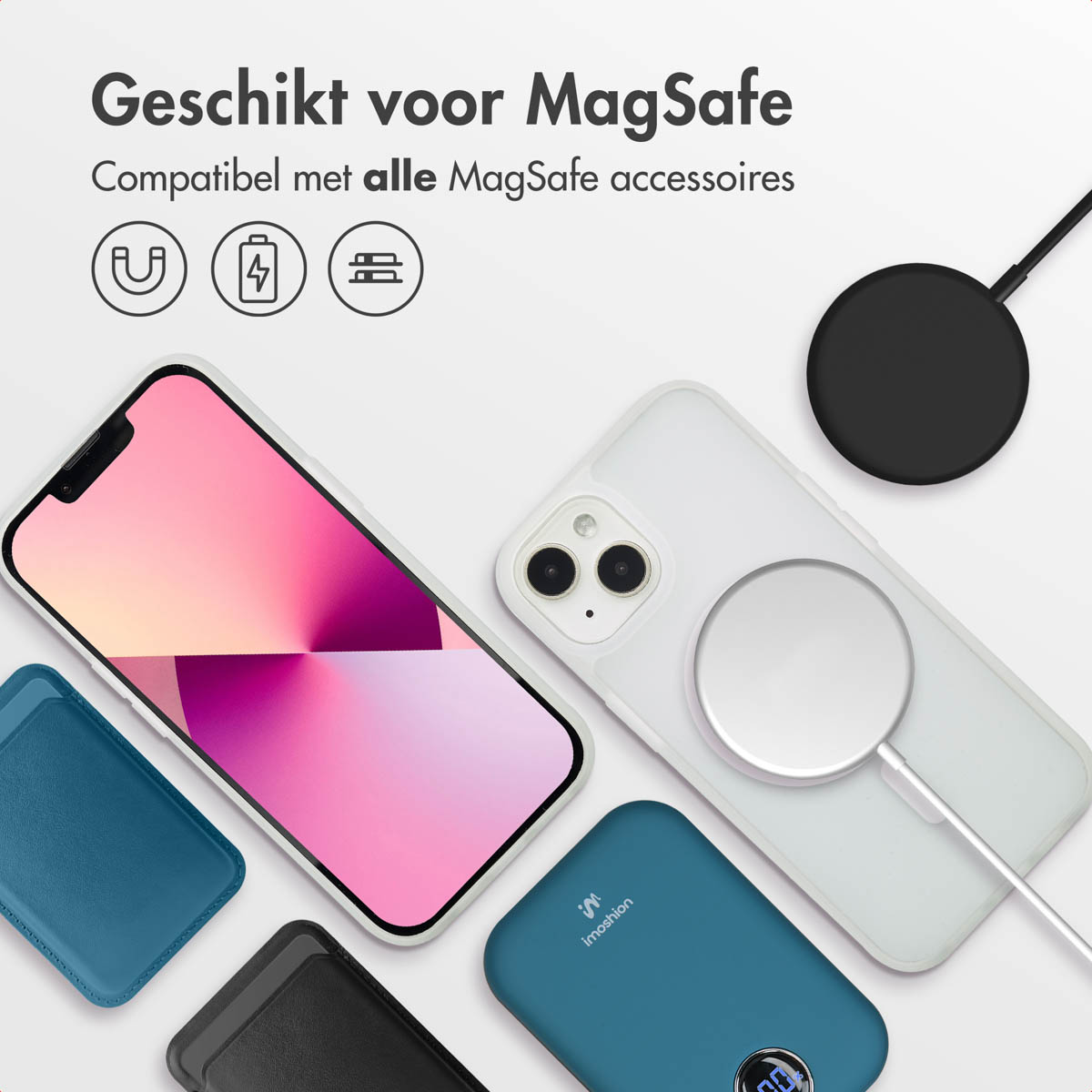 Afbeelding van telefoons, cases, een oplaadpad en andere accessoires. De tekst bovenaan luidt: Geschikt voor MagSafe.