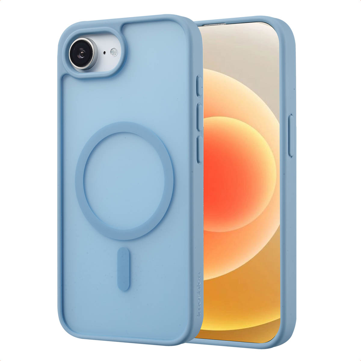 Light blue phone case with MagSafe ring, iPhone with yellow display.