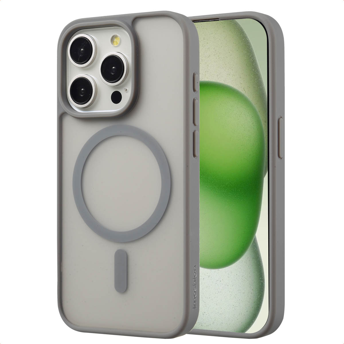 Un téléphone dans un étui gris avec un intérieur gris clair. L'écran du téléphone est visible.