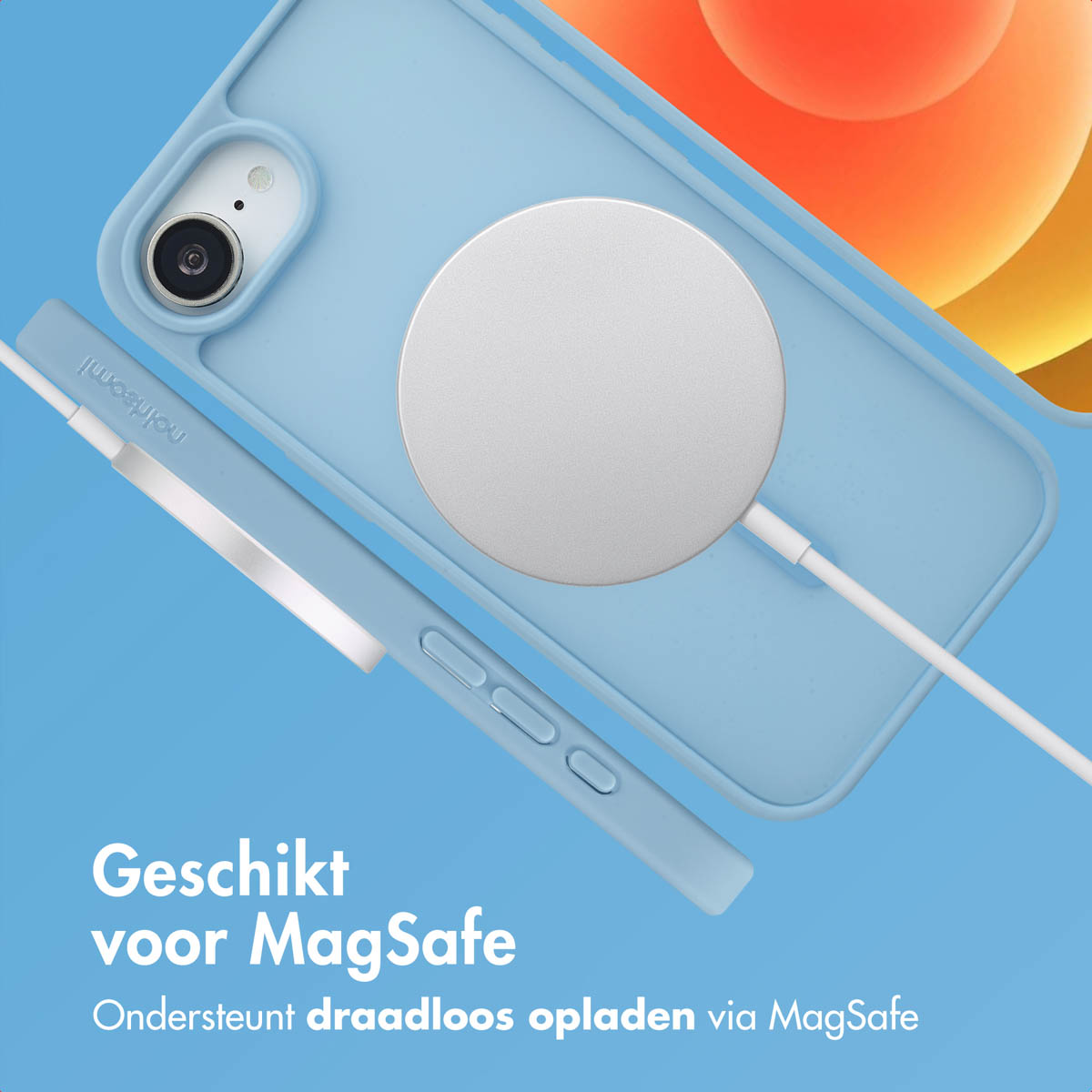 Light blue phone case with MagSafe charger. A phone is in the background. Text at the bottom.