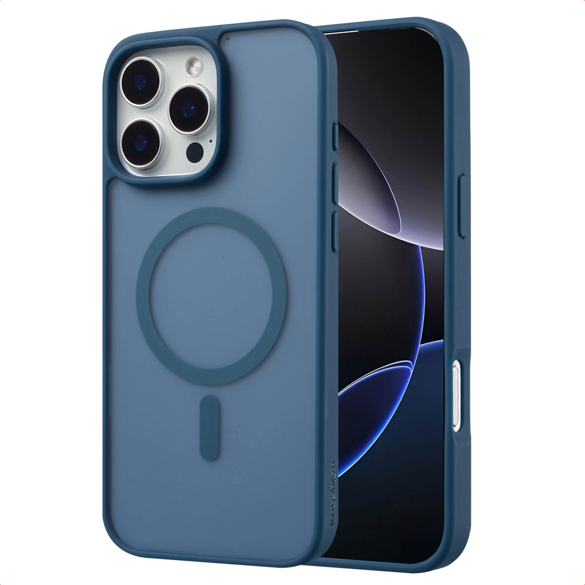 Une coque de téléphone bleue avec un téléphone à l'intérieur. La coque a une découpe circulaire.