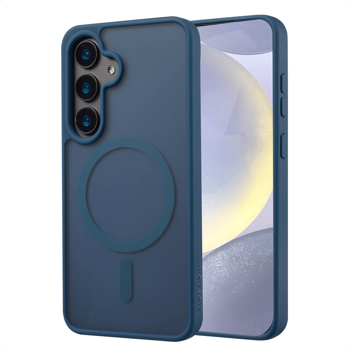 Een blauwe telefoonhoes met een telefoon. De telefoon heeft drie camera's en een magnetische ring. De achtergrond is wit.