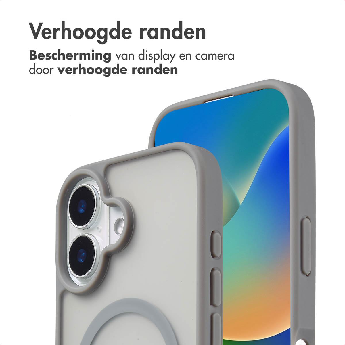 Grijze telefoonhoes op telefoon met blauw scherm.