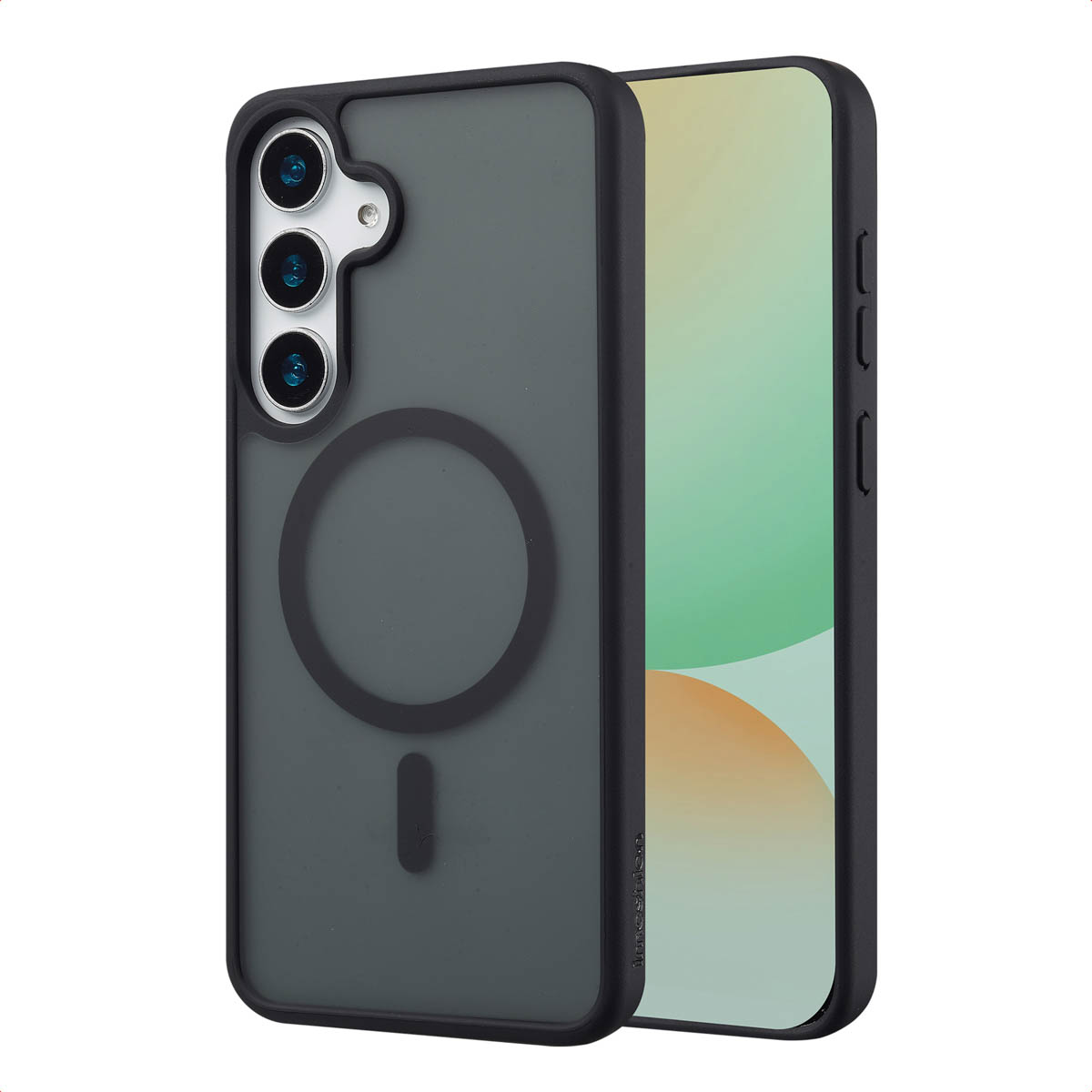 Coque de téléphone gris foncé avec anneau MagSafe. Un téléphone est visible à l'intérieur.
