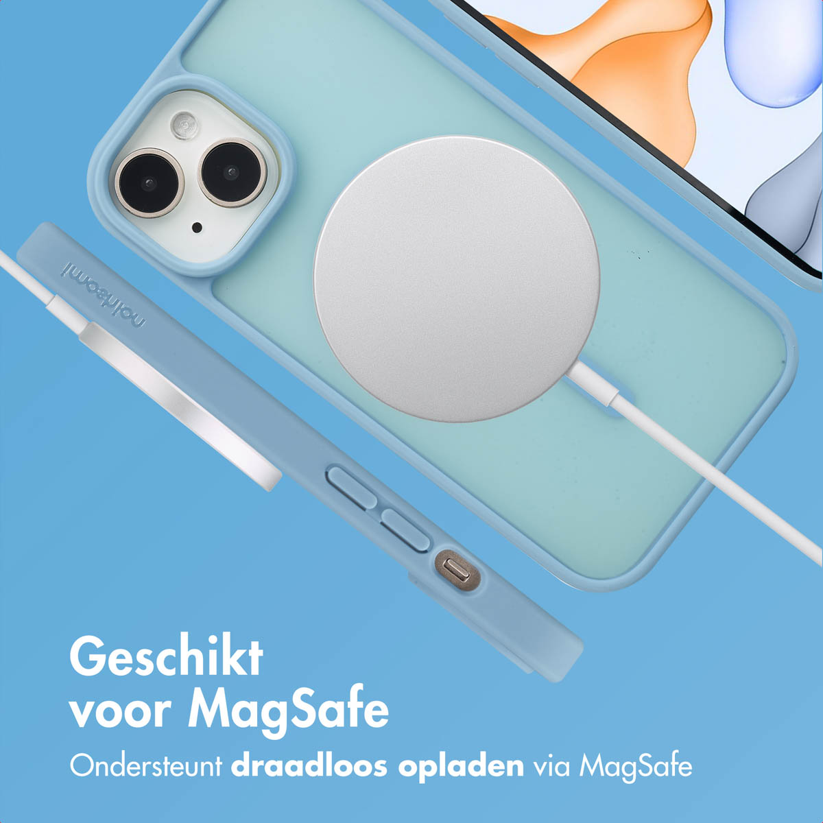 Blue phone case with white charger. Text says MagSafe compatible, wireless charging.