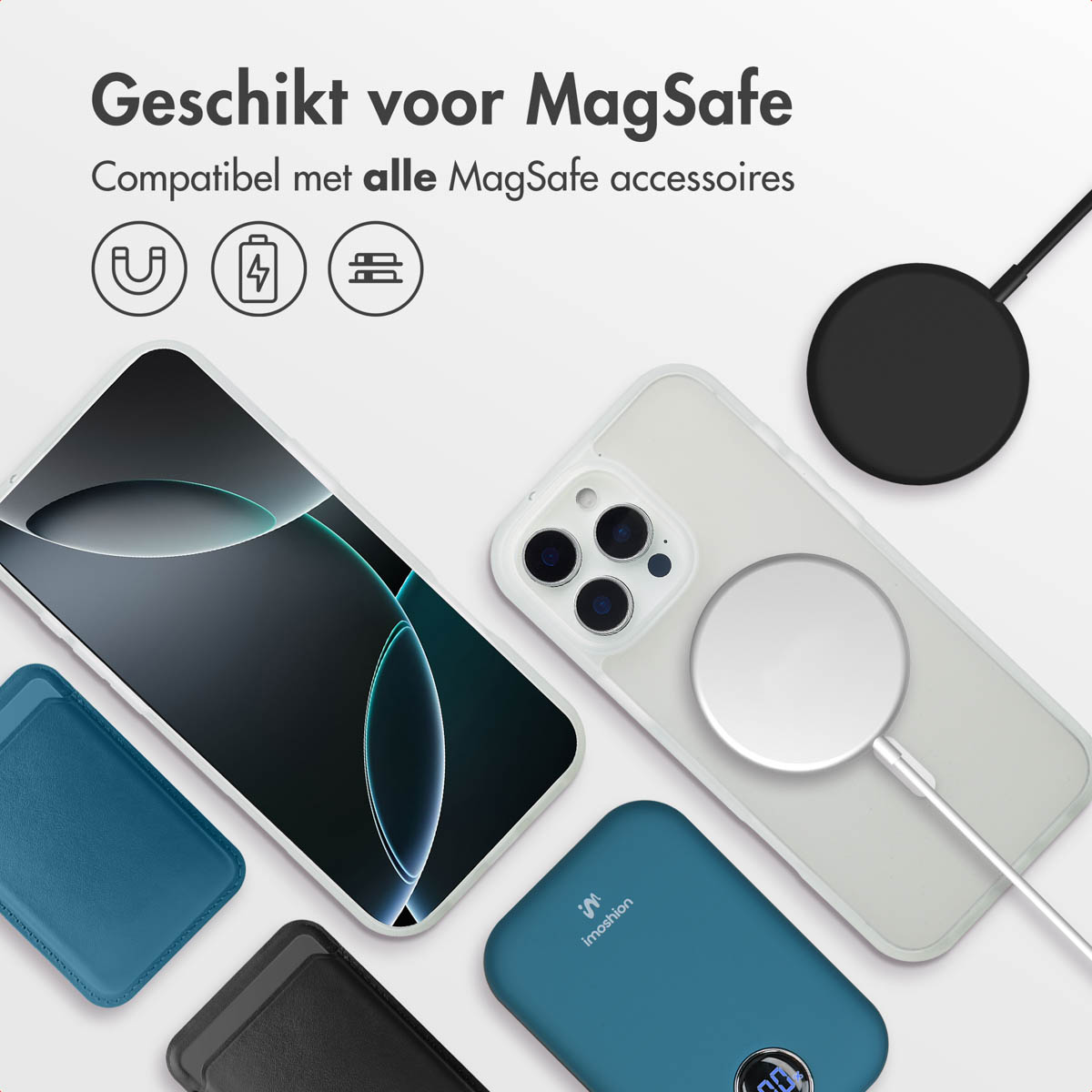 Telefoonhoesjes, oplader en telefoon. Tekst: 'Geschikt voor MagSafe'. Diverse accessoires worden getoond.