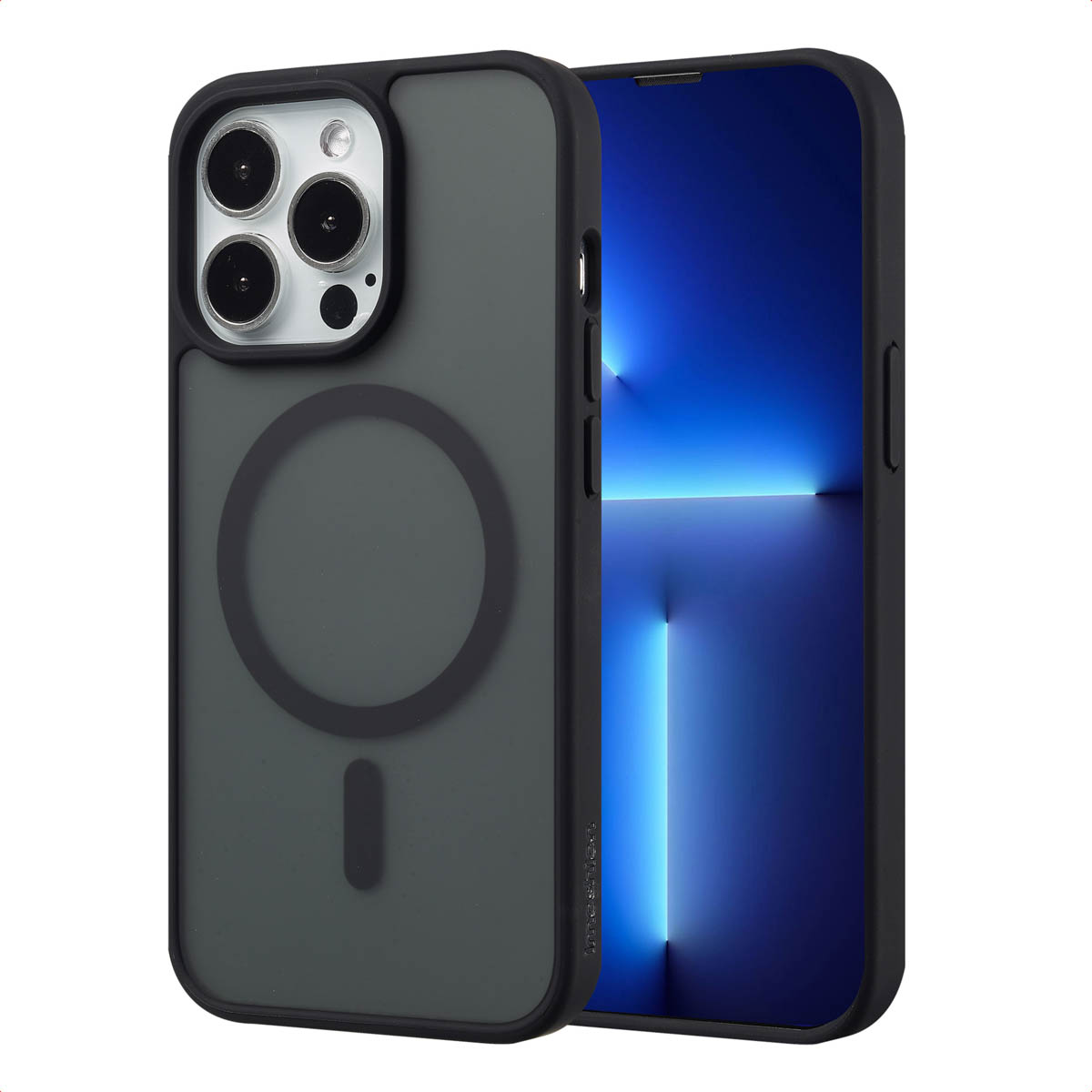 Coque de téléphone verte avec cercle MagSafe et découpes pour l'appareil photo. Téléphone avec écran bleu.