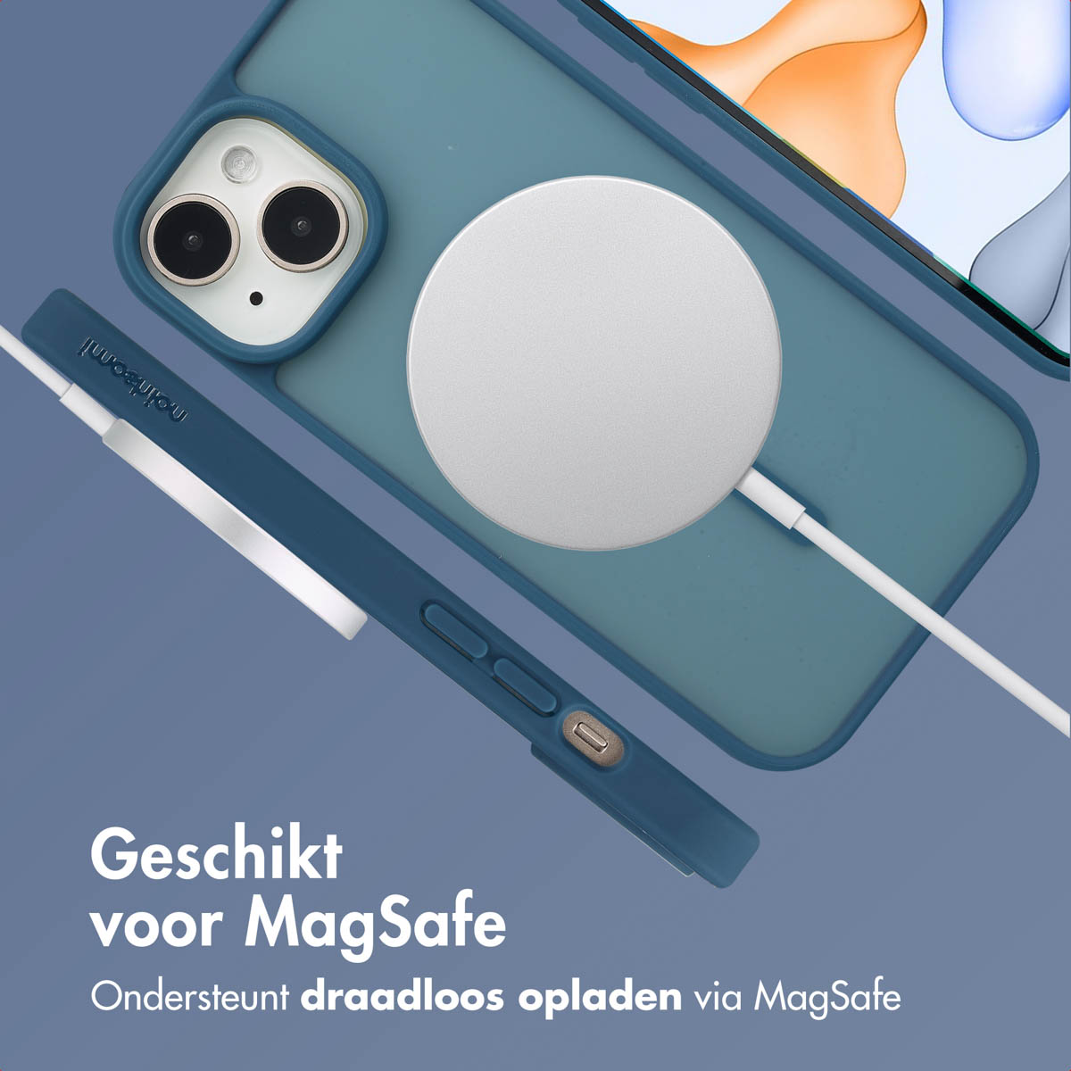 Blue phone case with white charger. Text says MagSafe compatible, wireless charging.