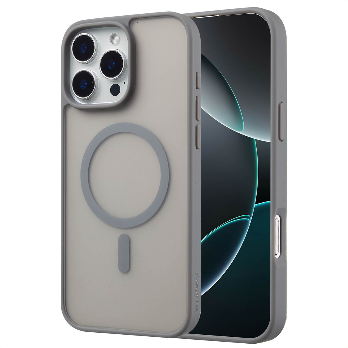 Grijze telefoonhoes met MagSafe-ring, iPhone met blauw-groen display.