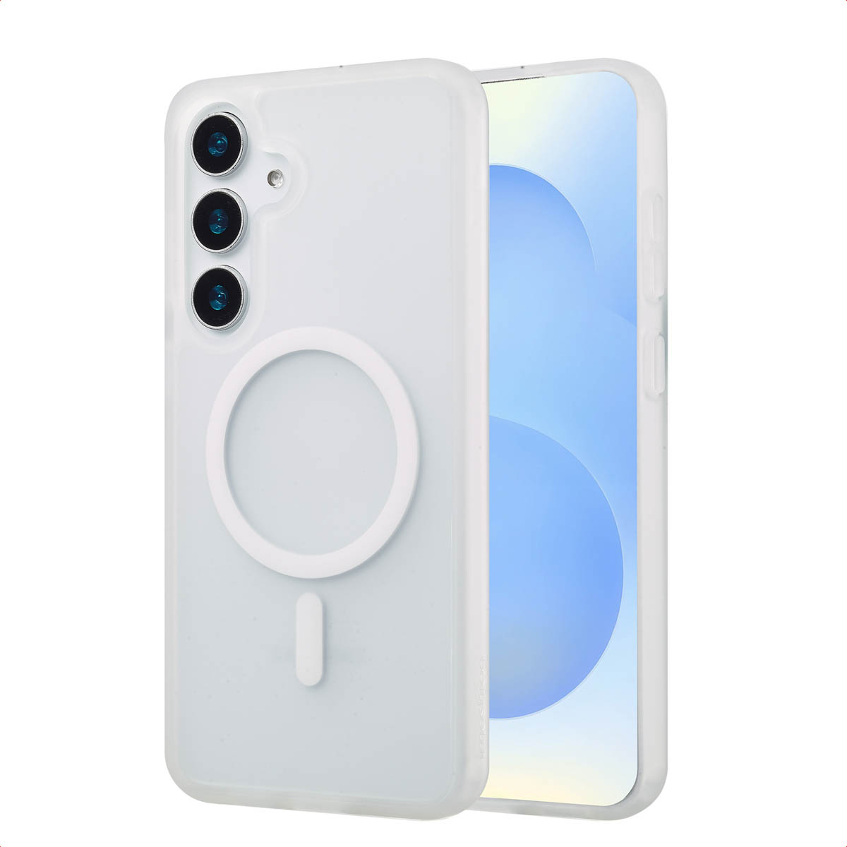 Un telefono in una custodia bianca con interno bianco. Lo schermo del telefono è visibile.