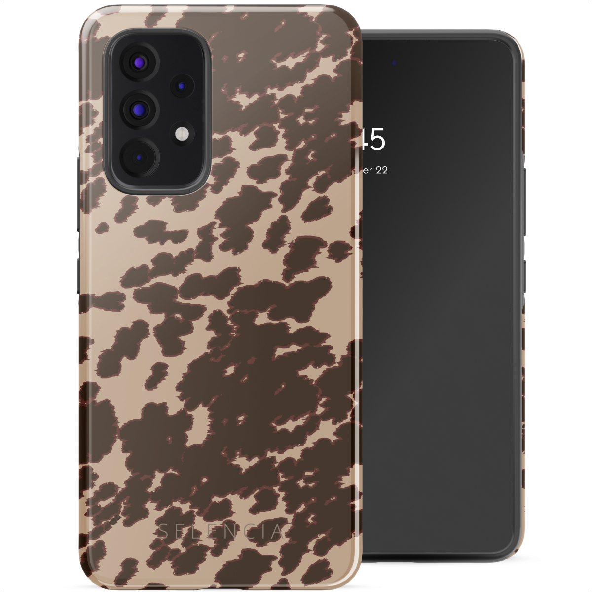 Coque de téléphone avec motif peau de vache et smartphone à écran noir à droite.