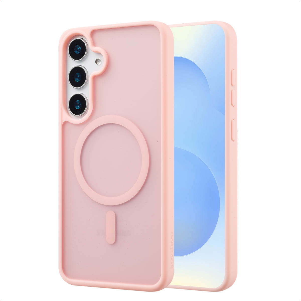 Custodia rosa con telefono. Cerchio bianco sul retro.