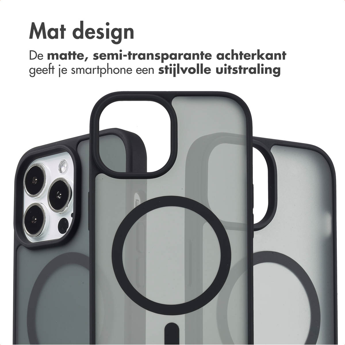 Coques de téléphone noires avec dos transparent et cercle. Texte : Design mat.