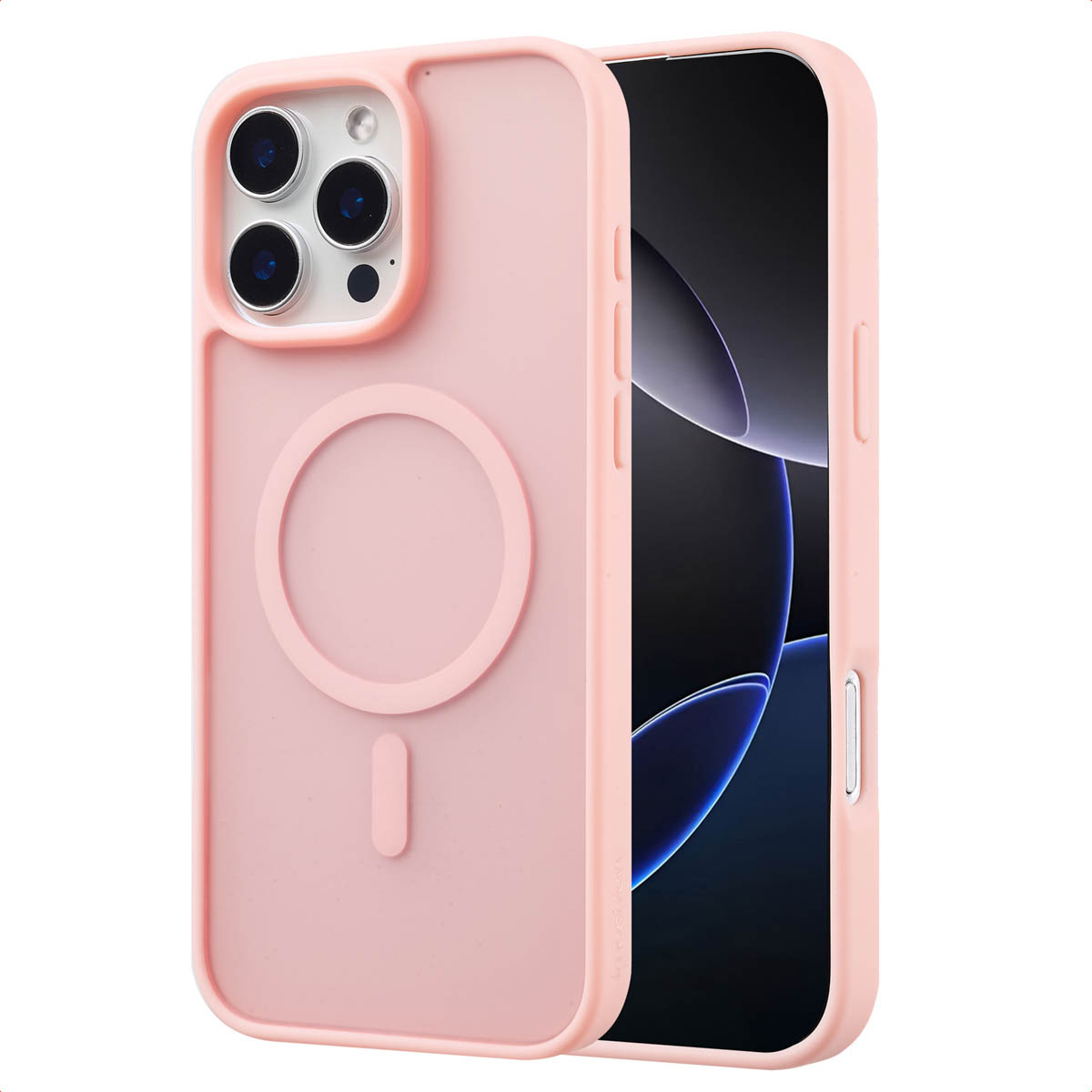 Coque de téléphone rose avec cadre rose clair et dos transparent, montrant l'écran. Elle a un cercle.