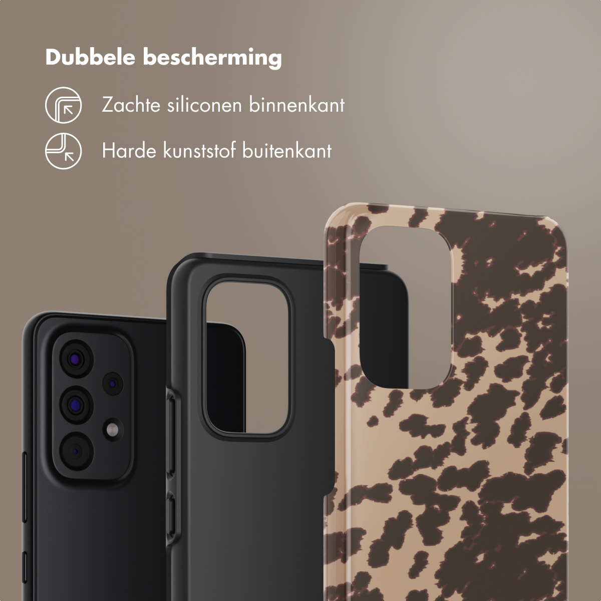 Coques de téléphone en noir, avec imprimé guépard et noir. Le fond est clair.