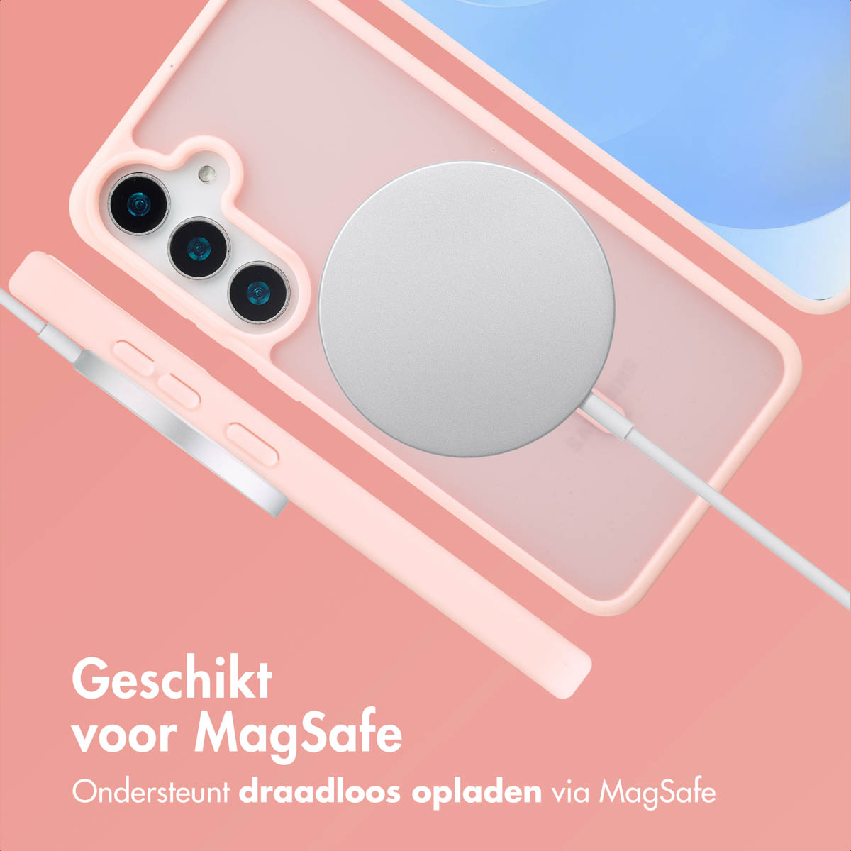 Custodia rosa con caricatore bianco. Testo: Compatibile MagSafe, ricarica wireless.