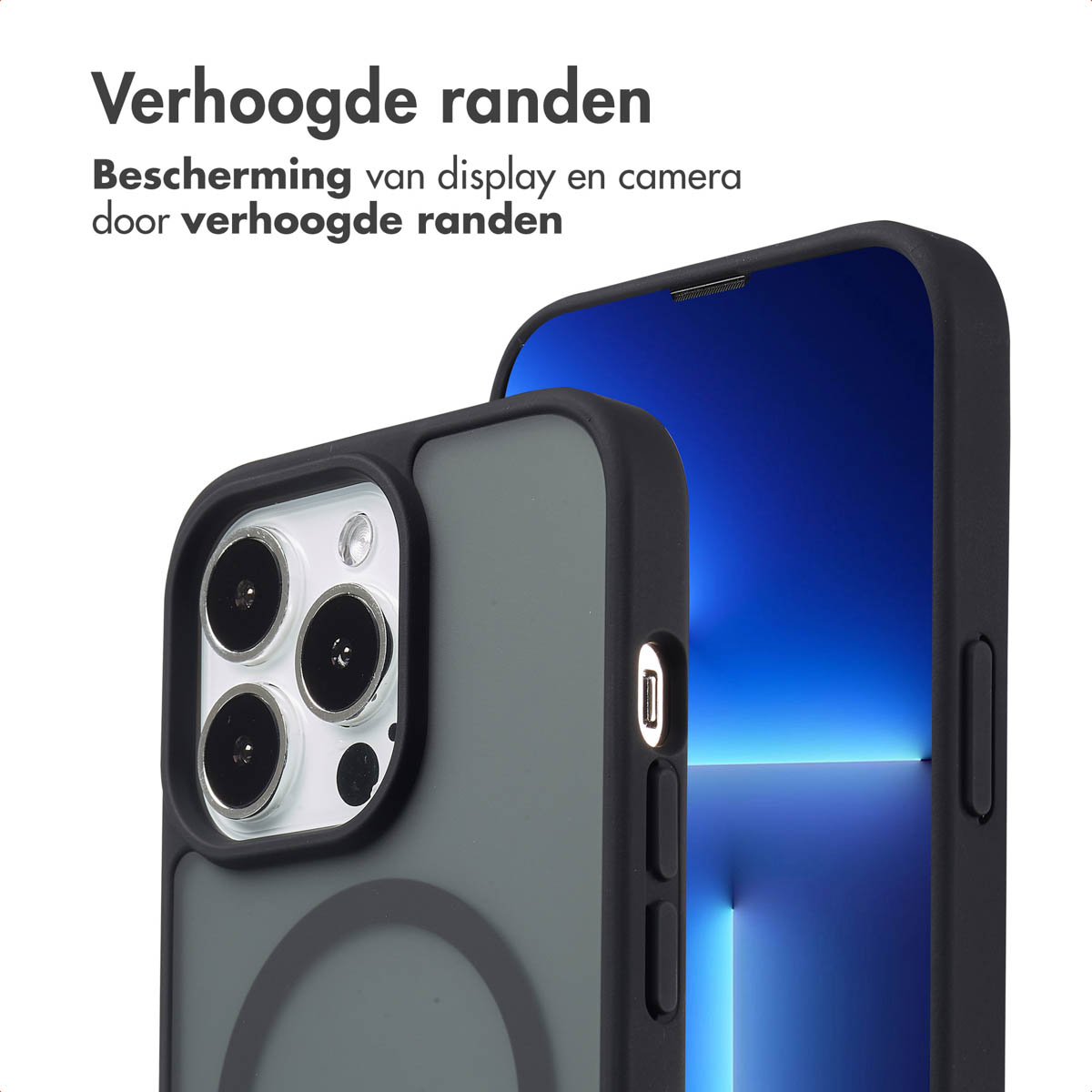 Coque de téléphone noire sur téléphone avec écran bleu.