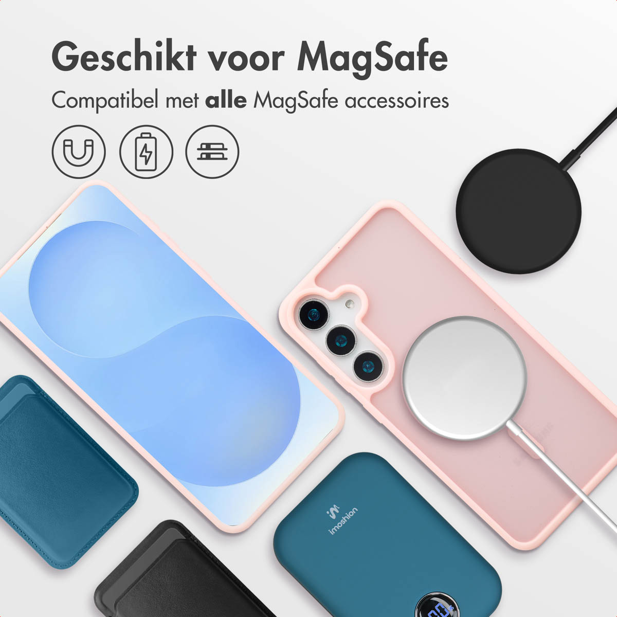 Custodie per telefono, caricabatterie e telefono. Il testo dice 'Adatto per MagSafe'. Vengono mostrati vari accessori.