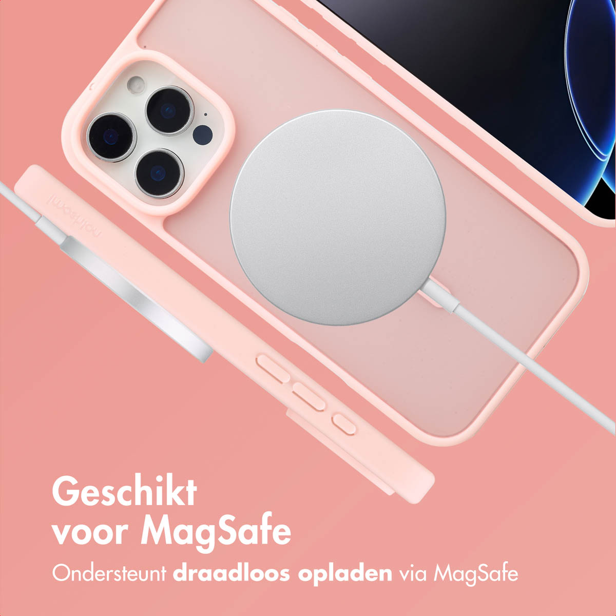 Coque rose avec chargeur blanc. Texte: Compatible MagSafe, chargement sans fil.