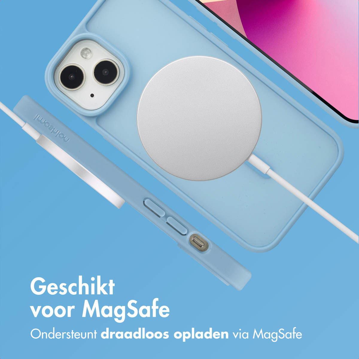 Blauwe telefoonhoes met witte oplader. Tekst: MagSafe compatibel, draadloos opladen.