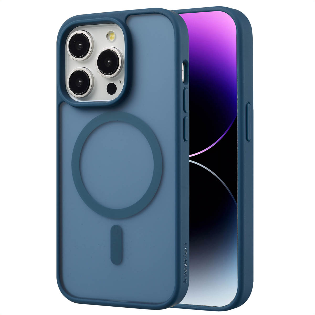 Blauwe iPhone-case met magnetische ring en blauwe telefoon. De case staat links.
