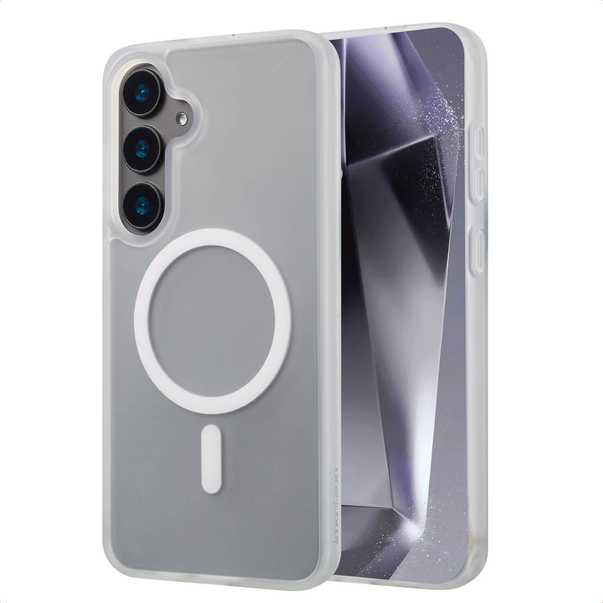 Een telefoon in een hoesje met een MagSafe-ring. De hoes is grijs, de telefoon toont een vage blauwe afbeelding.