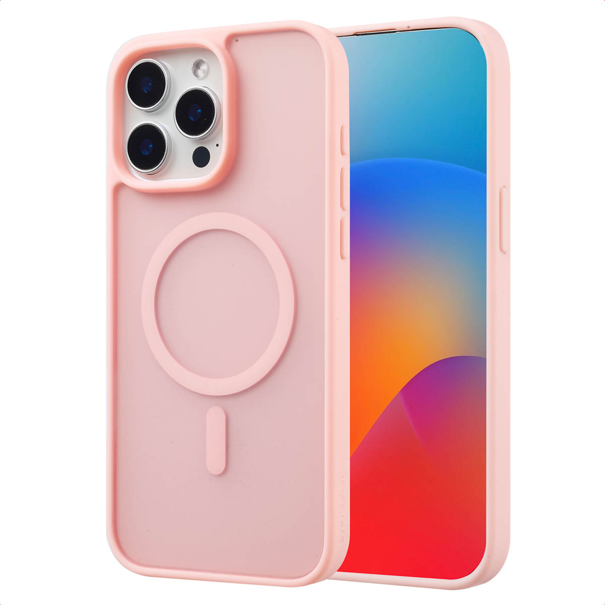 Roze telefoonhoesje met lichtroze frame en transparante achterkant, met het telefoonscherm. Het heeft een cirkel.