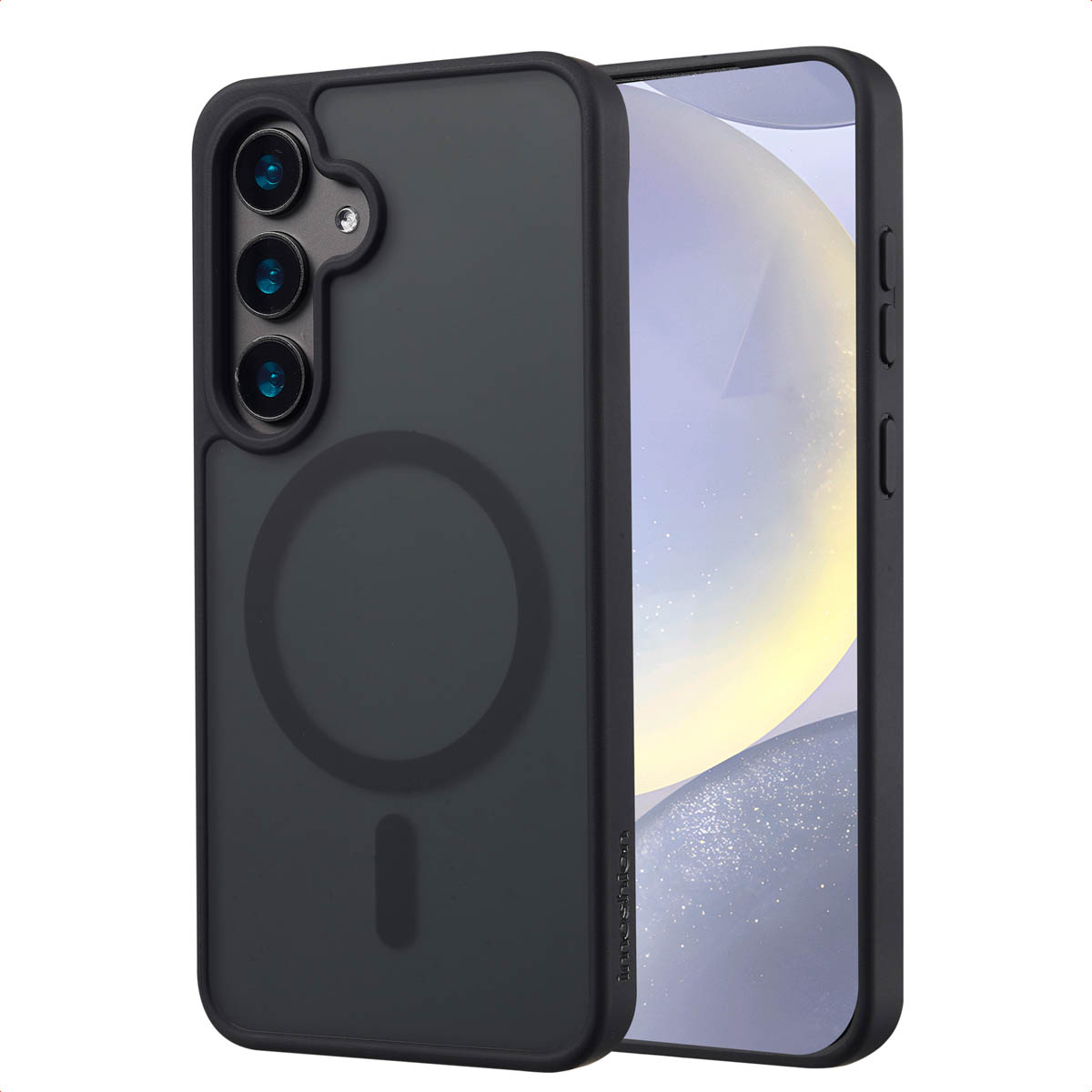 Coque noire avec téléphone. Cercle blanc à l'arrière.