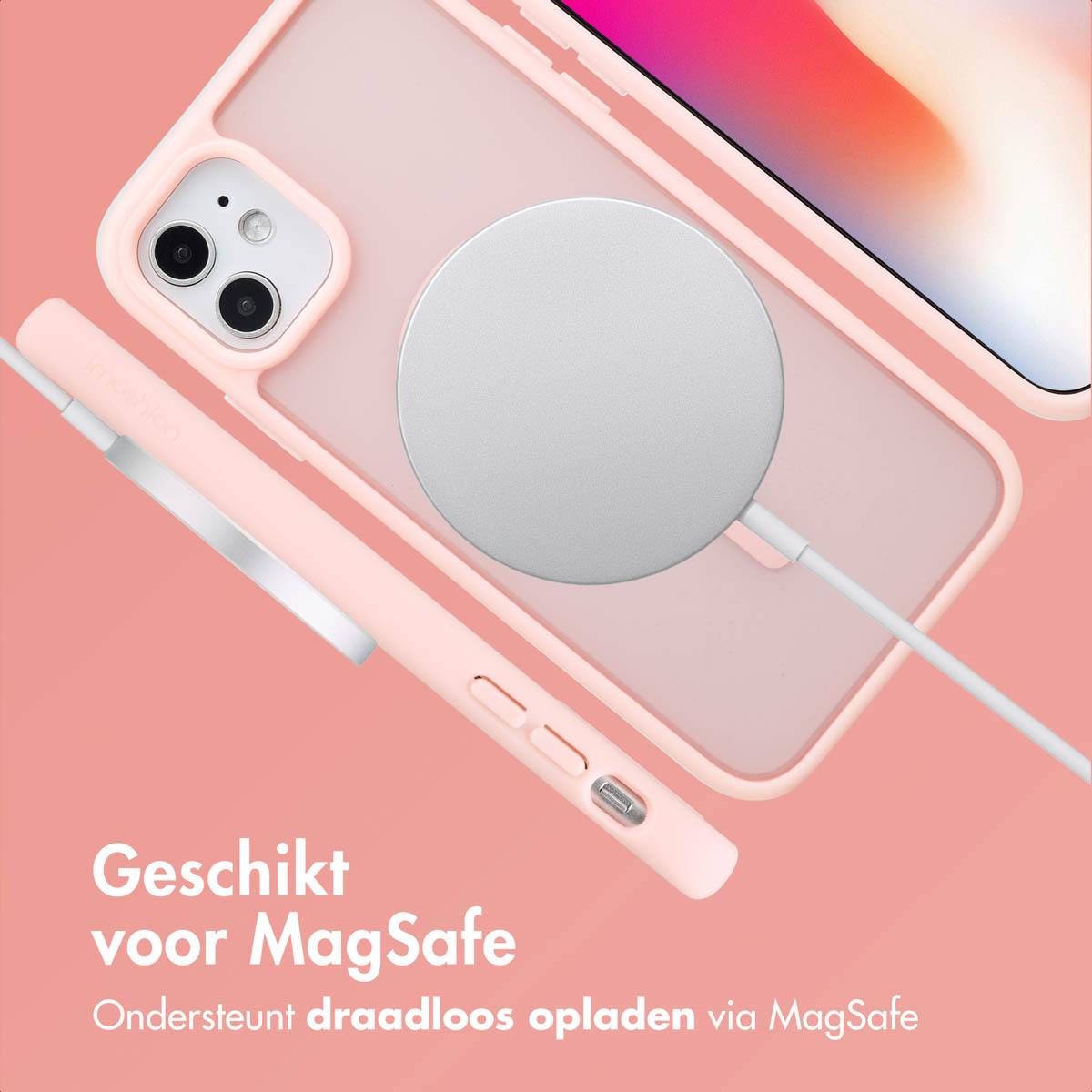 Roze telefoonhoes met witte oplader. Tekst: MagSafe compatibel, draadloos opladen.