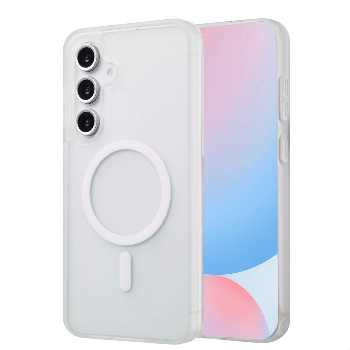 Een telefoon in een witte hoes, met een MagSafe-ring. De telefoon toont een blauw-roze achtergrond.