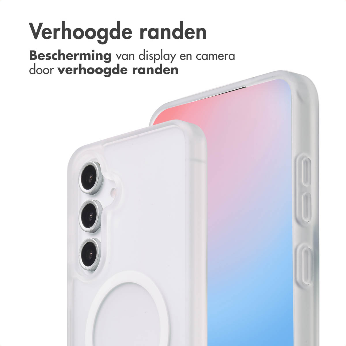 Witte telefoonhoes op telefoon met blauw scherm.