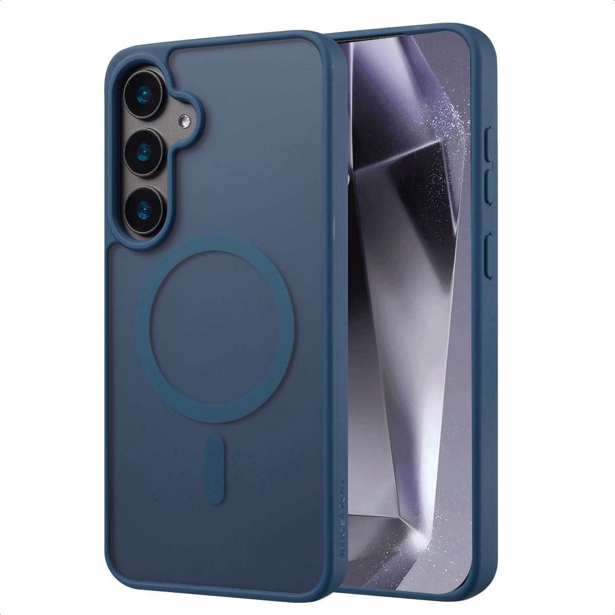 Een blauwe telefoonhoes wordt getoond, met de camera zichtbaar. De case zit op een telefoon.