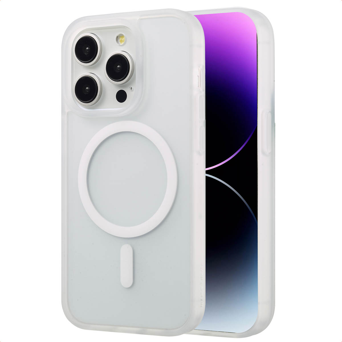 Een witte telefoonhoes wordt getoond, met de camera zichtbaar. De case zit op een telefoon.