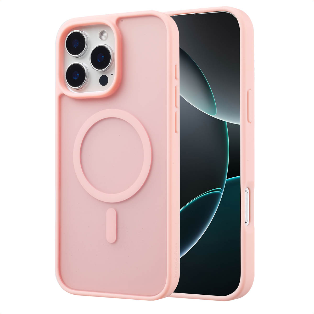 Een roze telefoonhoes met een roze interieur. Het telefoonscherm is zichtbaar.