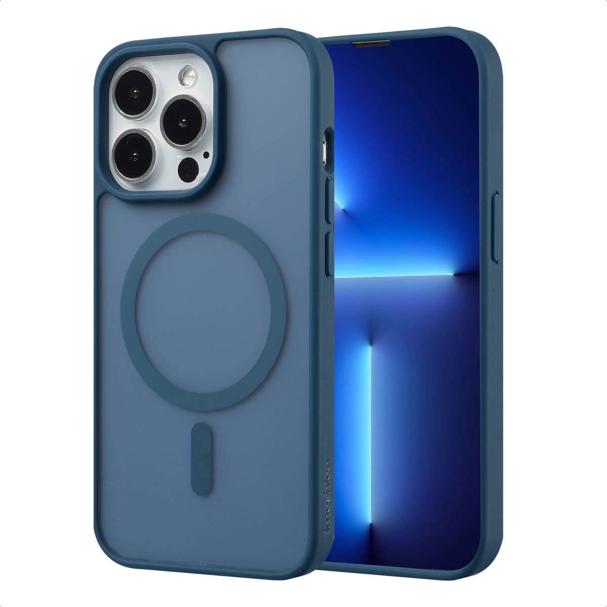 Une coque de téléphone bleue avec un anneau MagSafe, sur un téléphone affichant un fond bleu.
