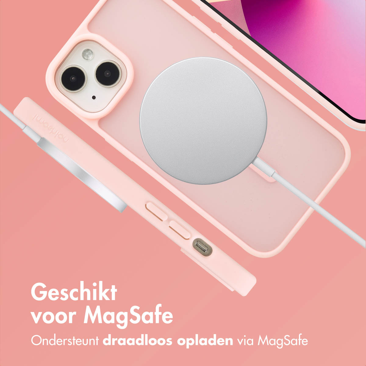 Roze telefoonhoesje met een MagSafe-oplader, een roze telefoon en een roze accessoire.