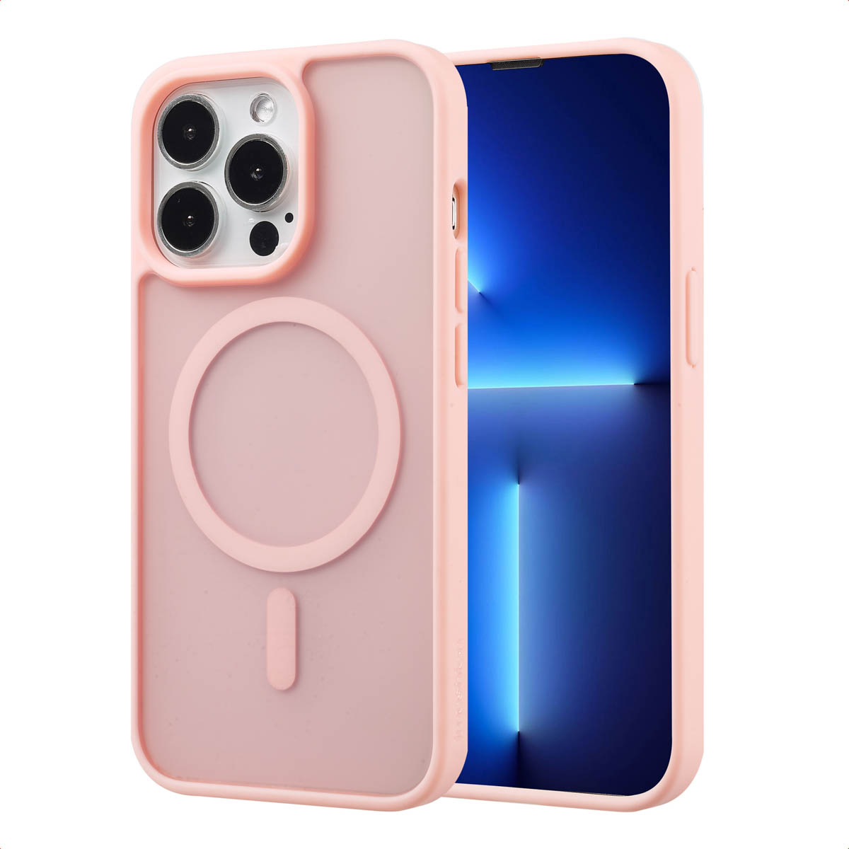 Coque de téléphone rose avec téléphone, appareil photo et anneau MagSafe rose.