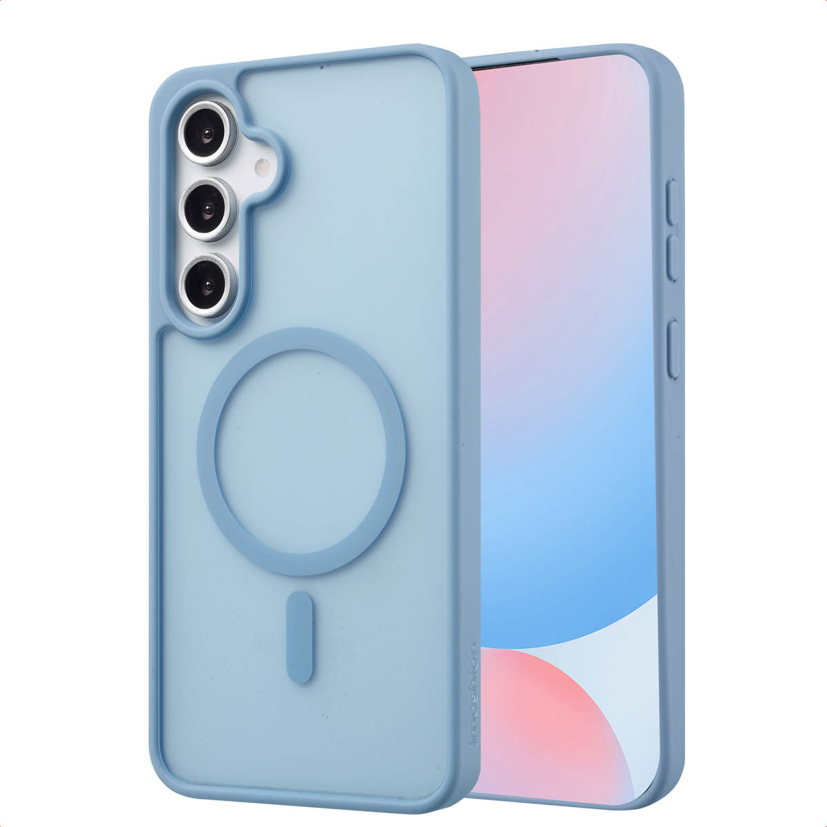 Un téléphone dans un étui bleu clair, avec un cercle et une barre verticale à l'arrière.
