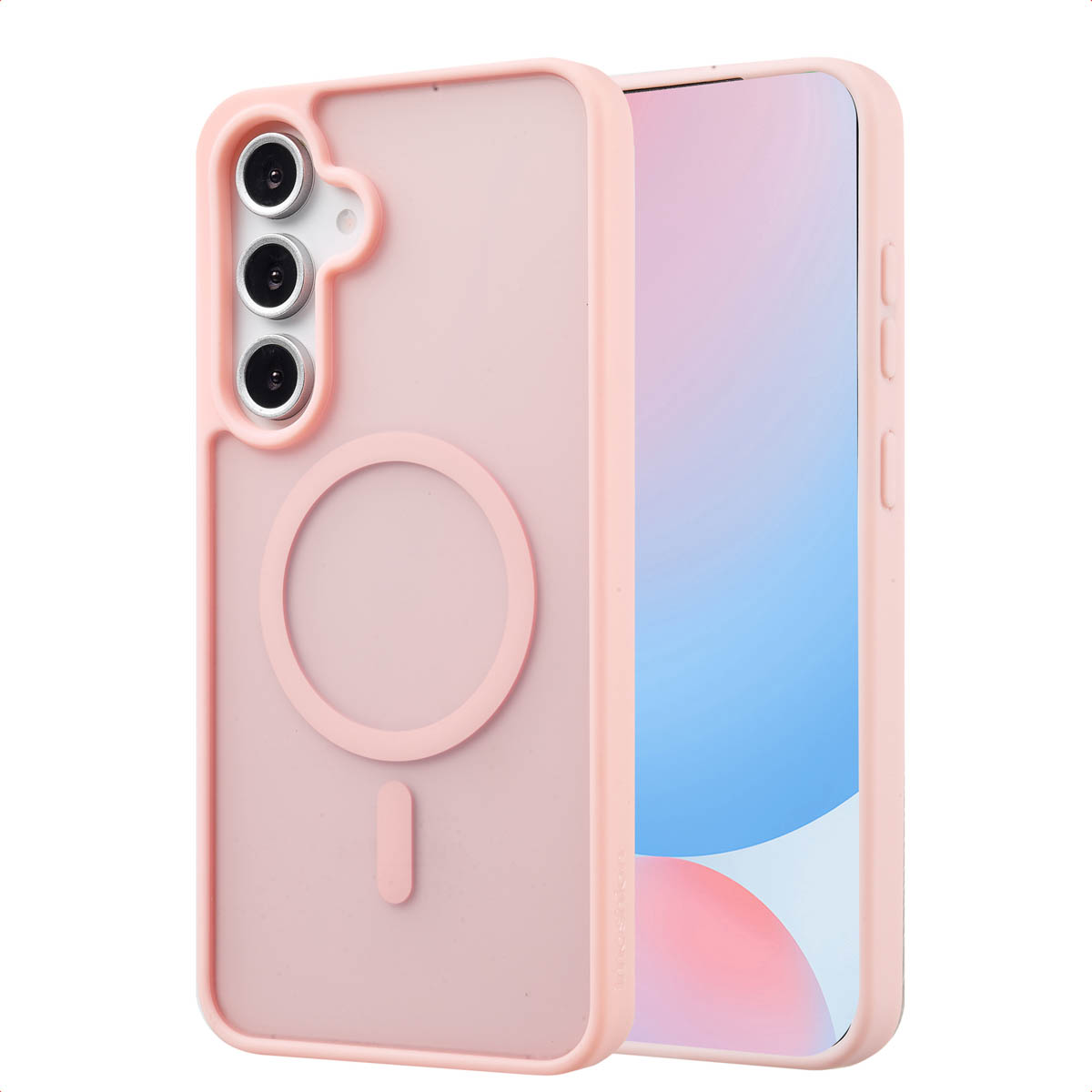 Coque de téléphone rose avec anneau MagSafe. Un téléphone est visible à l'intérieur.