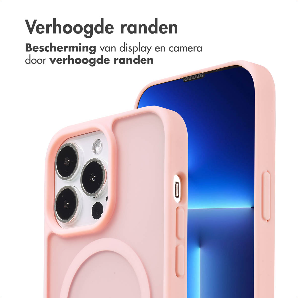 Coque de téléphone rose avec bords surélevés, vue rapprochée. Un téléphone est à l'intérieur, avec écran bleu.