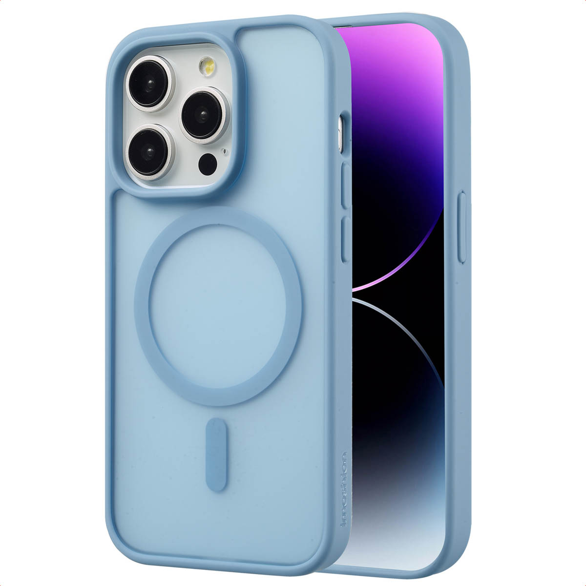 Lichtblauwe telefoonhoes met een blauwe ring en een telefoon met een paars en wit scherm.