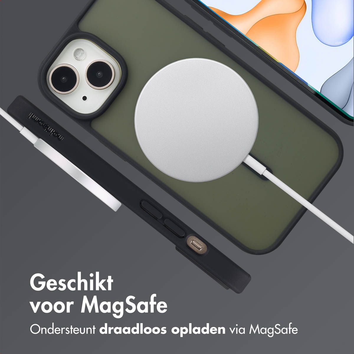 Phone and case with a wireless charger. Charger is round, white. Phone is green. Case is black.