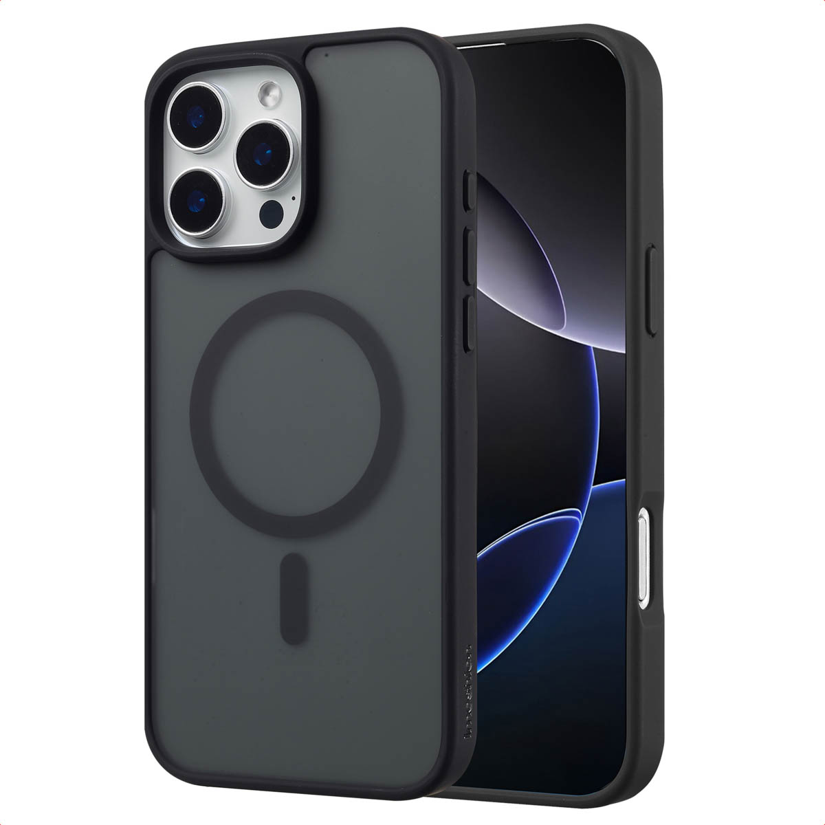 Une coque de téléphone noire avec un téléphone. Le téléphone a un anneau magnétique. Le fond est blanc.